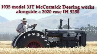 1935 model 31T McCormick-Deering with a 10ft draper works along-side 2020 Case IH 9250/35 ft draper