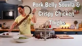 Slow Cooked Pork Belly Souvla and Crispy Chicken Thighs with Asian Slaw