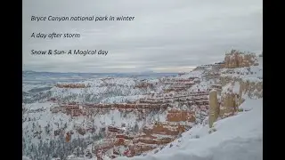 Hiking at Bryce Canyon national park in winter, beautiful contrasting white and red /saffron colors