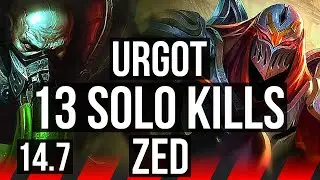 URGOT vs ZED (TOP) | 13 solo kills, 800+ games, 39k DMG, Rank 9 Urgot, Dominating | KR Master | 14.7