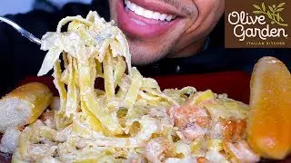 ASMR OLIVE GARDEN CREAMY ALFREDO SHRIMP PASTA MUKBANG | STICKY EATING SOUNDS *BIG BITES NO TALKING*