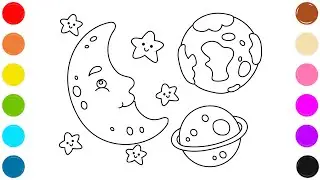 🌙⭐🌍 Милая раскраска с Луной, Звездами, Землей и Сатурном для детей | Космическая раскраска | Изуч...