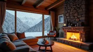 Snowy Mountain Cabin Fireplace ❄️ Cozy Winter Ambience with Jazz Piano | 4K