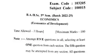 Gndu BA 5th Semester Economics Question Paper | Ba 5th Semester Economics Question Paper 2024