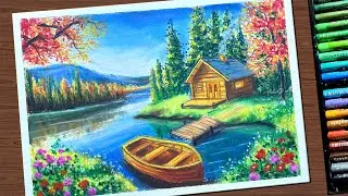 Peaceful Lakeside Cabin Scenery | Landscape Painting | Oil Pastel Drawing | LiGi Art