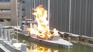 Wooden Model Ship On Fire And Sinking: Cruiser Black Prince Versus Cruiser Regensburg