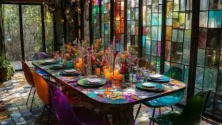 Bohemian Stained Glass Dining Table | Colorful Outdoor Dinner Party with Vibrant Boho Design