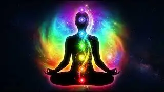 A human silhouette standing in meditation pose, surrounded by vibrant glowing aura in rainbow colors