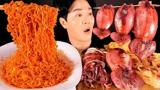 асмр еда | острая огненная лапша и кальмар, жареные грибы эноки