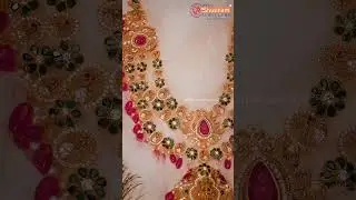 Antique Pachi Haram with lush emaralds and pink tourmaline beads, 3D-embossed Lakshmi Devi locket