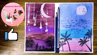 #oilpastels #drawing Star falling scenery Vs Cloud climate art with coconut trees || oil pastels