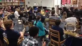 Mike Cemprola gives instructions on saxophone during the Philly Big Band clinic at Pennfield middle
