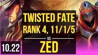 TWISTED FATE vs ZED (MID) | Rank 2 Twisted Fate, Rank 4, 11/1/5, Legendary | NA Challenger | v10.22