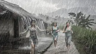 EXTREME WEATHER⛈️ Walking in heavy rain and wind in Quiet Village | Rain Sound For Sleeping