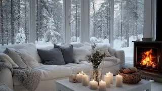 Modern Winter Sanctuary | Relaxing Fireplace and Snowy Forest View for Deep Sleep and Calm