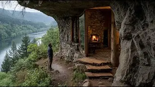 100 Days Building a Warm Cliff Shelter | Smart Door & Ladder | Winter Survival