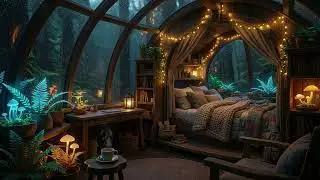 Sleeping in a glowing treehouse 🌌 Solarpunk Night Rain | Deep Future Jazz and Ambient Music