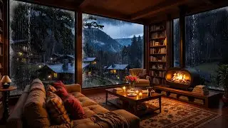 🎶 Smooth Jazz Rain 🌧️🔥 Cozy Mountain Cabin with Fireplace, Bookshelves & Calm Rainy Night
