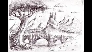 How to Draw A Landscape Drawing of Mountains with Bridge and A Tree.A Beautiful Mosque.