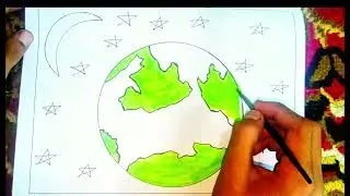 🎨 Title:Beautiful Drawing of Earth, Moon & Stars 🌍✨🌌