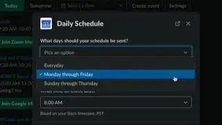 Setting up your daily schedule message in Slack using the Google Calendar app