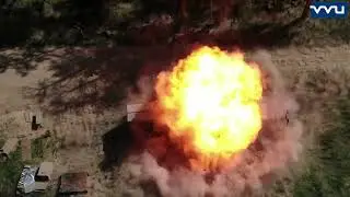 Explosion resistance test of 20 kg TNT from 5 m, drone shot.