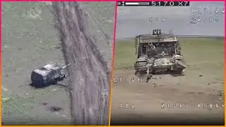 The dramatic moment Ukrainian kamikaze drones destroy Putin's 'Frankenstein tanks' as videos show