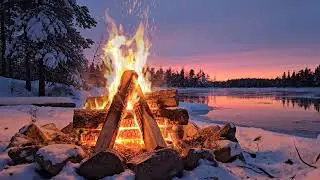 Fall Asleep by the Frozen Lake ❄️ Warm Campfire at Winter Sunset | Peaceful Forest Ambience