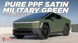 Cybertruck, обтянутый чистой атласной тканью PPF Military Green с тиснеными значками серии Foundation и 22-дюймовыми дисками