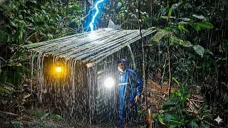 Camping Survival (LIGHTNING STORM) Building a Bamboo House in Heavy Rain ASMR