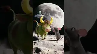 Bananacow and Mouse Stunned as UFO Hovers Overhead on the Moon!月球驚現不明飛行物！牛牛和老鼠仰望盤旋太空船，表情超驚訝#ufo