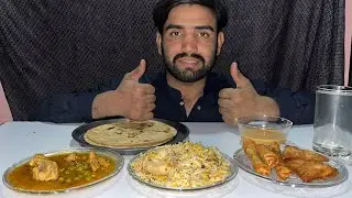 Roti chicken matar with biryani and roll, samosa