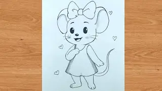 Cute mouse girl outline pencil drawing | cute animals drawing 