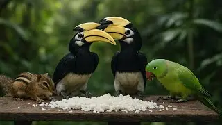 Chipmunk, Hornbills & Parrot Feast Together | Rare Jungle Dining Moment!