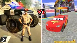 US Police Monster Truck Gangster Car Chase VS Splashy Superhero Lightning McQueen Stunts Jump