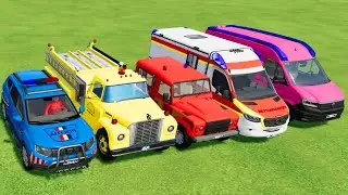 TRANSPORTING POLICE CARS, AMBULANCE, FIRE TRUCK, COLORFUL CARS WITH TRUCK -FARMING SIMULATOR 22!,