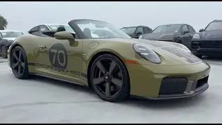 Porsche 911 Spirit 70 2026 в цвете Olive Neo Green снаружи и с культовым узором Pasha внутри.