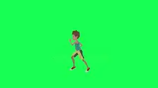 3d boy in sports clothes treadmill running, right angle isolated chroma key green background