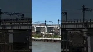 Cleveland, Ohio above ground metro train along the river
