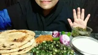 Simple lunch, Ghee Roti, Bhindi fry, Tomato chutney, yogurt (indian food eating challenge) biggest