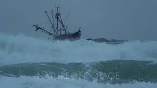 Winter Storm Scene. Commercial Fishing Boat In Large Waves