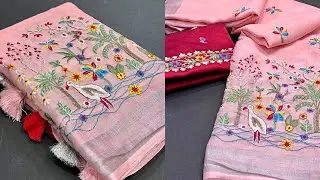 🌻Exclusive embroidery Lenin designer sarees 😍 ||pure Lenin saree wholesale price #rrksarees