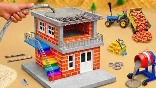 Creative DIY Mini Tractor Building a 2-Story Brick House with Metal Railing | Science Project
