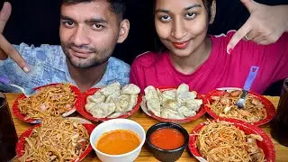 EATING VEG PANEER MOMOS HAKKA NOODLES MUKBANG|SPICY MOMOS EATING|STREET FOOD