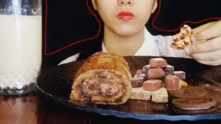 ASMR Eating Sounds ☕ Cold Coffee, Chocolate Roll Cake & Cookies 🍪 Ultimate Dessert Satisfaction