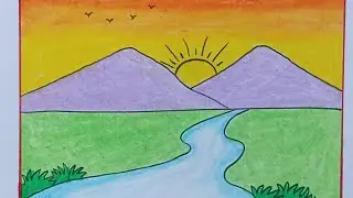 Very😀 Very😀 Easy Scenery Drawing 🔴 Painting 🎨|| Beautiful Hill Scenery ❤️