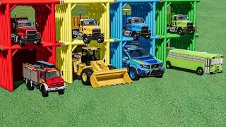 GARAGE with COLORS - TRANSPORTING POLICE CARS , SCHOOL BUS , FIRE TRUCK , LOADER | FS22
