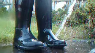 Rubber riding boots, water resistant demonstration!
