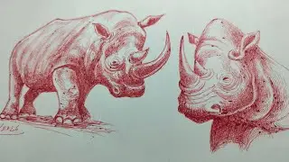 Rihno red pen drawing sketch trending animal artuniq tribal cute amazing art painting works