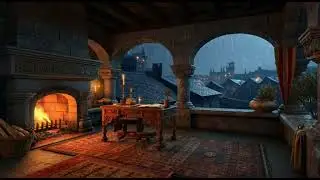 Medieval Study with Woodburning Fireplace🌩️🔥Rainy Night by the Fire | Cozy Room